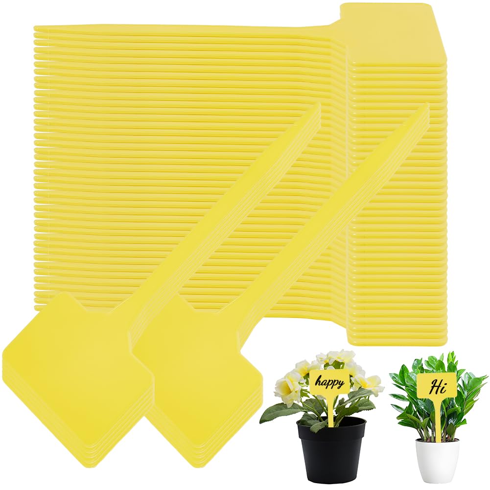 SOFPLATE 50Pcs Large Plastic Plant Labels Yellow 5.8 Inches T-Type Waterproof Garden Markers PVC Durable Nursery Plant Tags for Vegetables Flowers Fruits Herbs Identification Indoor Outdoor Use