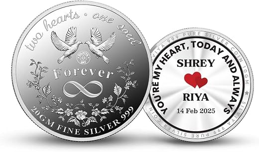 Silviya BIS Hallmarked Personalized "Forever" Couples 999 Pure Silver Coin (10g, 20g) - Round Shape - Romantic Gift for Hi...