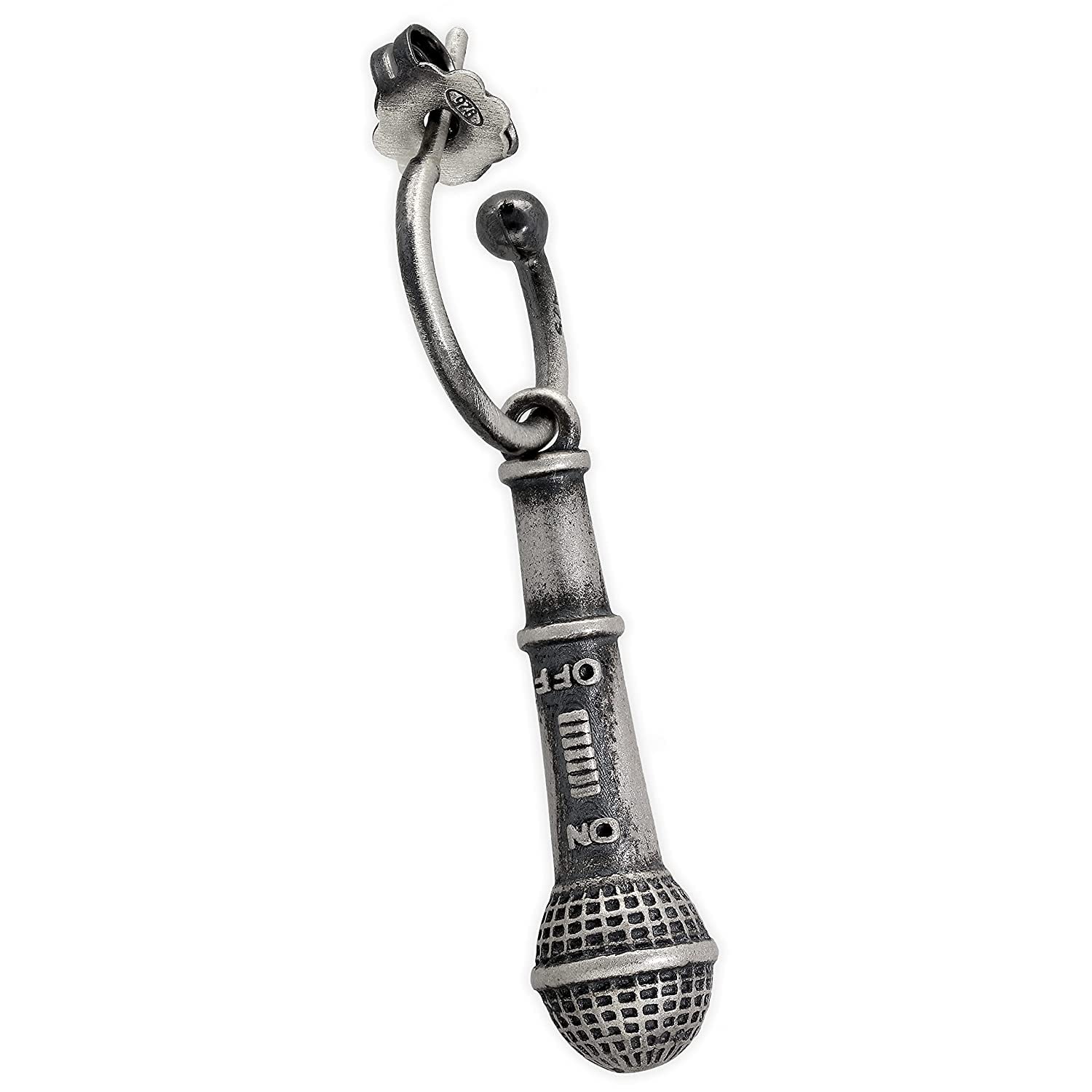 Pendiente de Micrófono para Hombre, Plata de Ley 925 Oxidada, Joyería Cantante Rapero Músico, Sin Níquel Hipoalergénico, Individual - Hecho a mano por Emmanuela