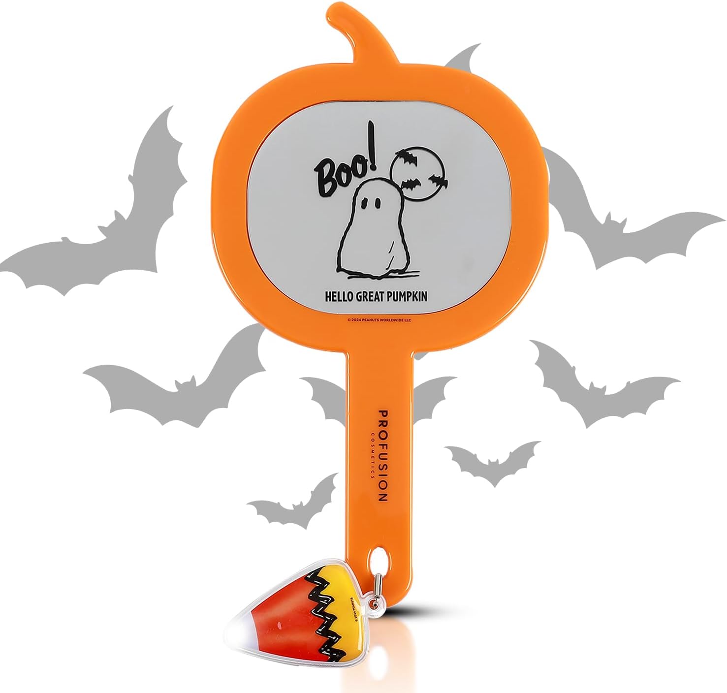 Profusion Cosmetics Peanuts Hello Great Pumpkin Handheld Makeup Mirror - Lightweight & Portable Pumpkin-Shaped Beauty Mirror with Comfortable Grip with Light-Up Candy Corn Keychain
