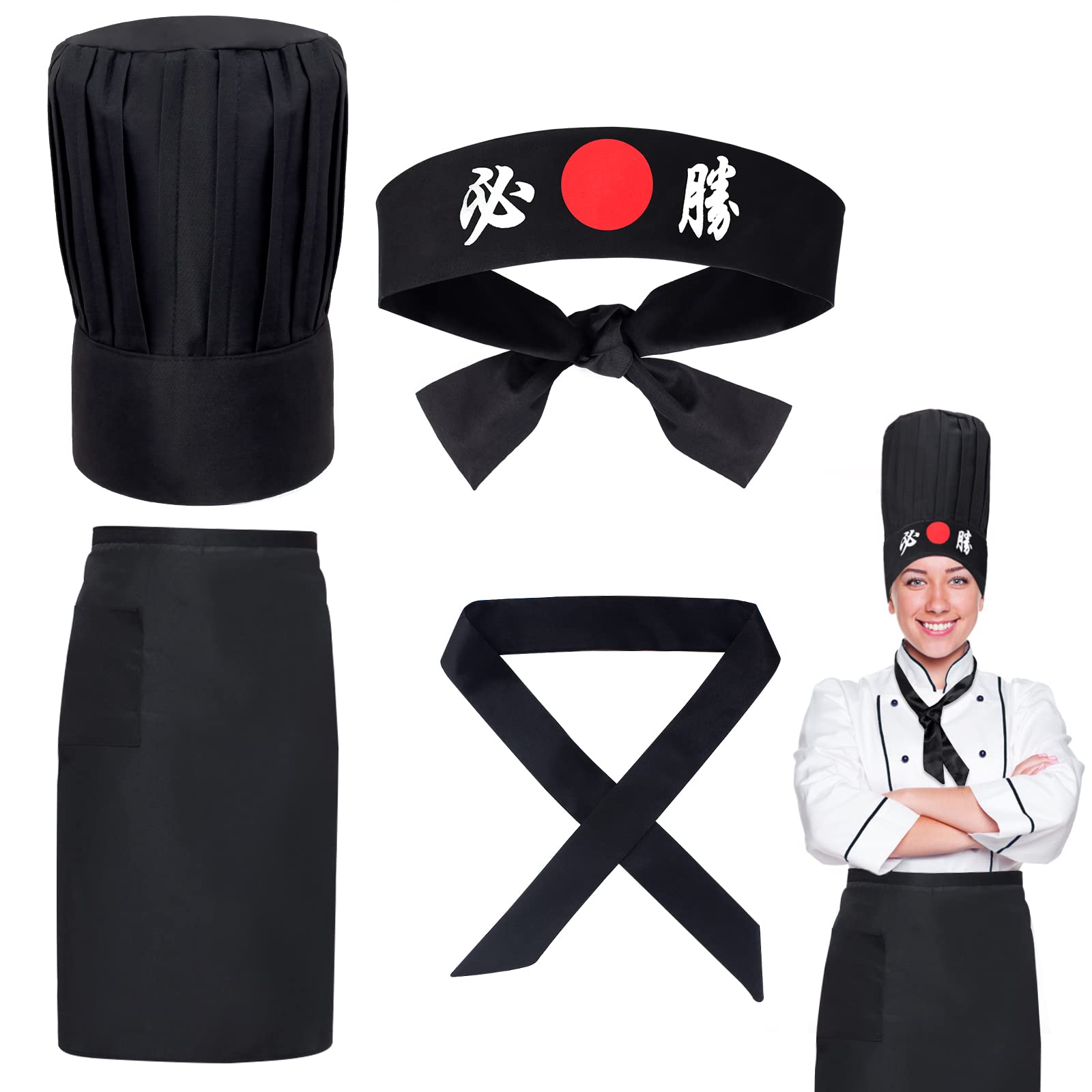 Hibachi Chef Hat Teppanyaki Tall Cap with Hachimaki Headband Tie Apron for Hibachi Party Costume