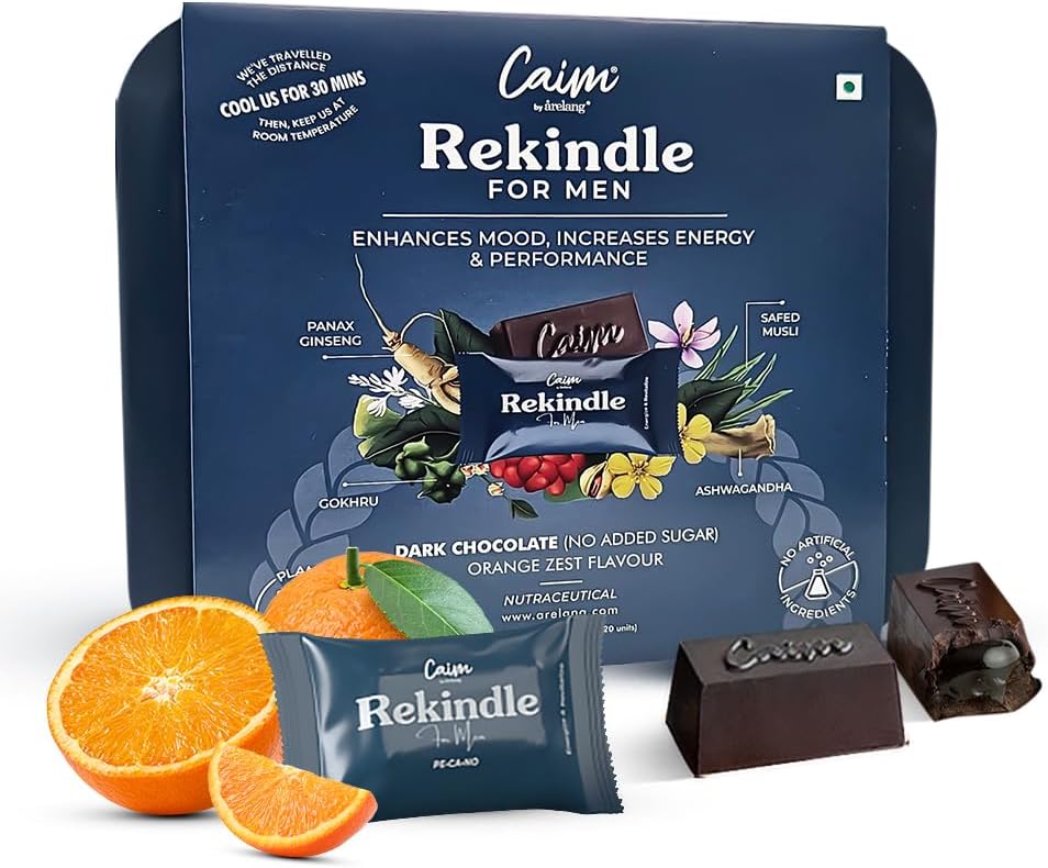 Caim by arelang - Rekindle For Men | Ashwagandha, Ginseng & Safed Musli Dark Chocolates for Men | His Welness for Enduranc, Efficiency 7 Mood Enhancer | Brazilian Orange Zest | 1 X 20 Pieces (300g)