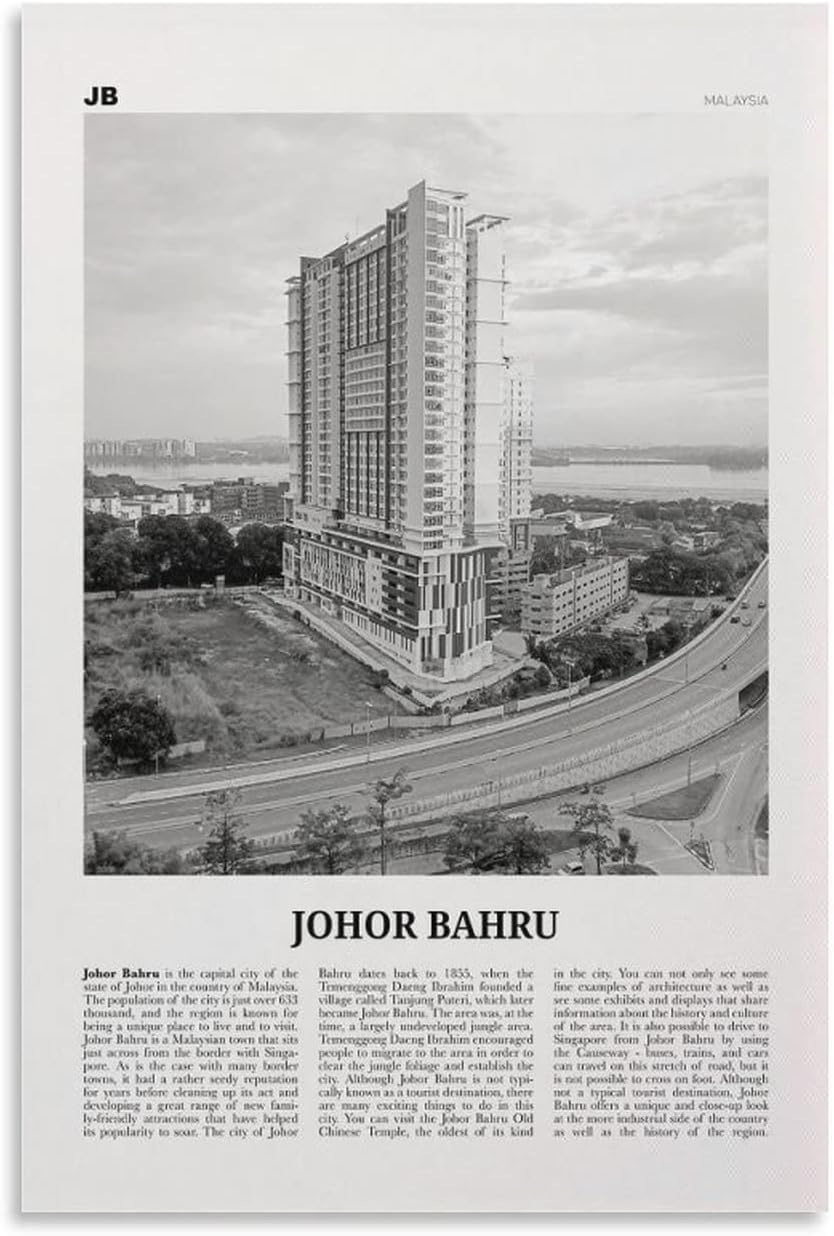 Johor Bahru Print Black And White, Johor Bahru Wall Art