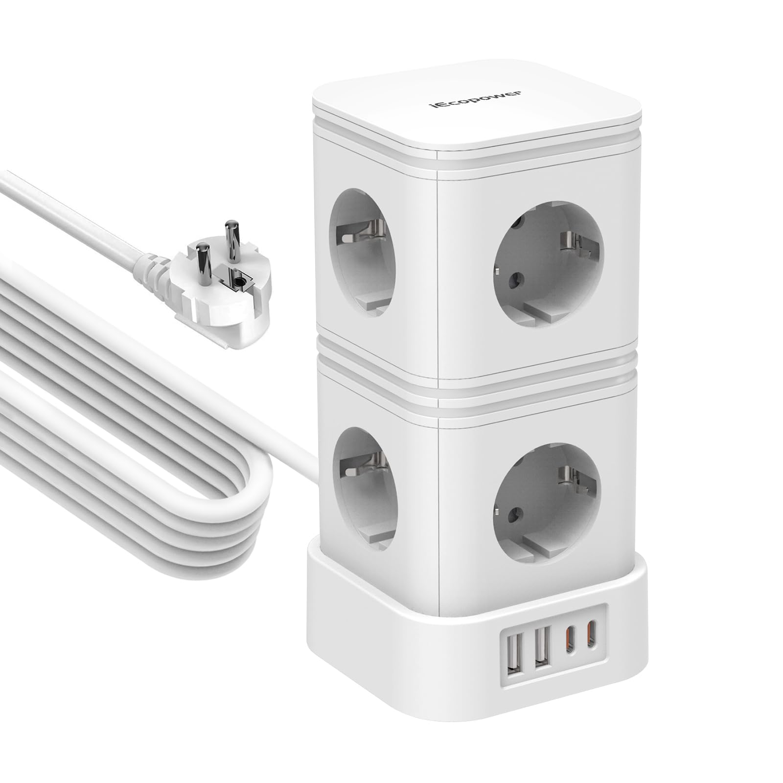 IECOPOWER Tour Multiprise avec Interrupteur,PD20W USB multiprise(2 USB-C Ports et 2 USB-A Ports),Multiprise parafoudre,4000W/16A,1050 J, rallonge Electrique 5m, Blanc