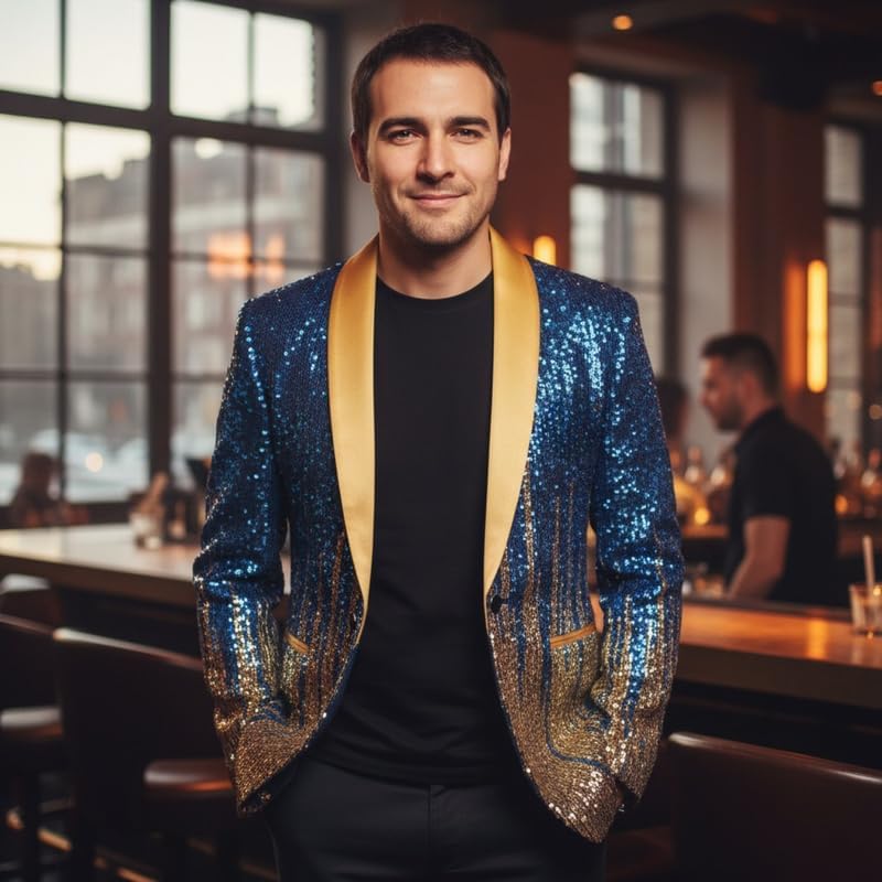 Mens Sequin Blazer Shawl Lapel One Button Gradient Suit Jacket with Pockets for Stage Performance Party