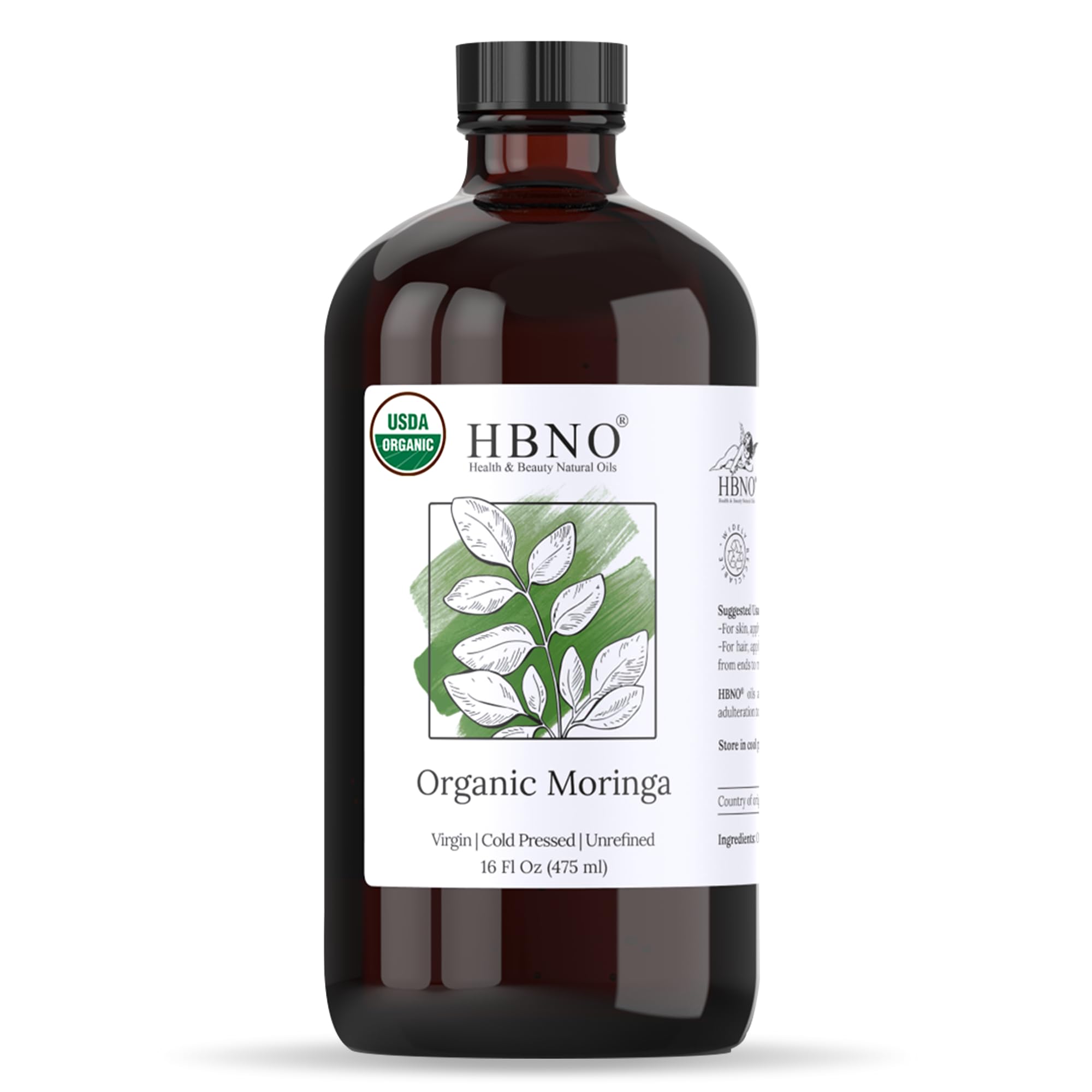 HBNO Organic Moringa Oil - 16 oz (475ml) Value Size - Ideal for Shampoos, Conditioners, Lip Balms, Face wash, Lotions, and Skin Care Products (Glass Bottle)