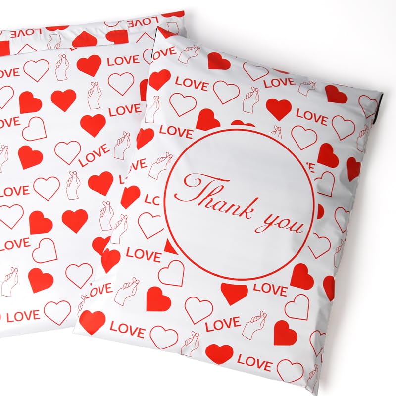 Poly Mailer Bag Mailing Postal Bags Gifts Shipping Wrapping Design Pattern Designer Envelope for Parcel Mail (100, Red Love Thank You)
