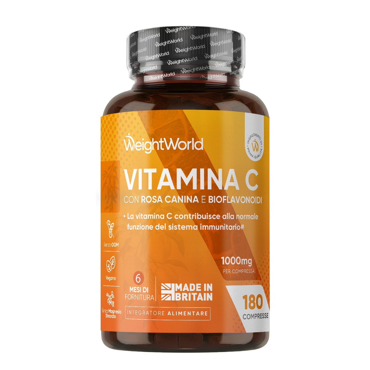 Vitamina C 1000mg Vegana con Rosa Canina, 180 Compresse per 6 Mesi (1 Sola al Giorno), Integratore Vitamina C (Acido Ascorbico) e Bioflavonoidi da Citrus Aurantium, Senza Magnesio Stearato e Glutine