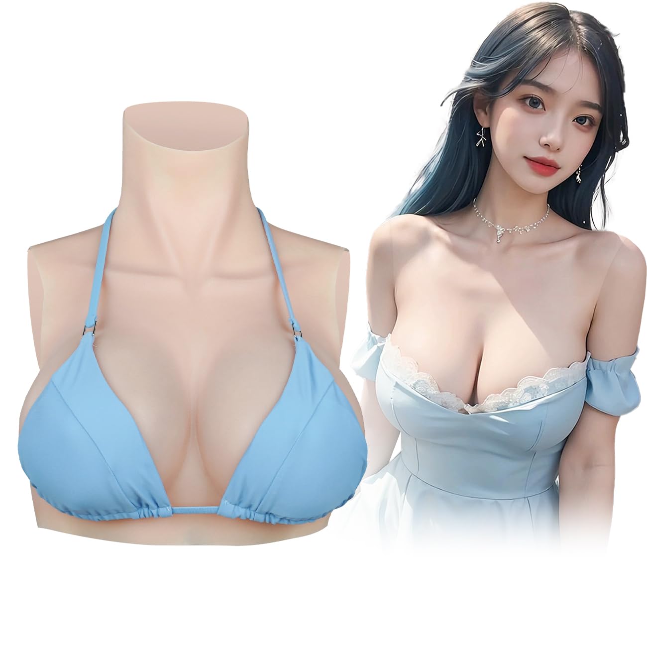 BINIMOKOO シリコンバスト 高襟 液体シリコン充填 超薄型 Cカップ 女装バスト 乳揺れ 人工 乳房 シリコン胸 仮装 男の娘 コスプレ 女性になる 脱着簡単 自然感