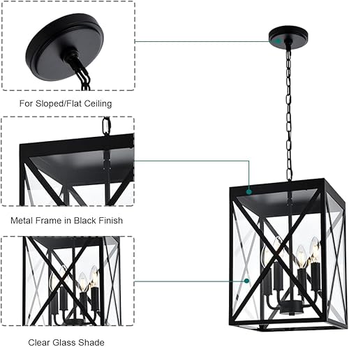 Miniatura 11 de Lámpara colgante de 3 luces para interiores, lámpara negra para exteriores, lámpara colgante de techo con pantalla de vidrio transparente, lámpara