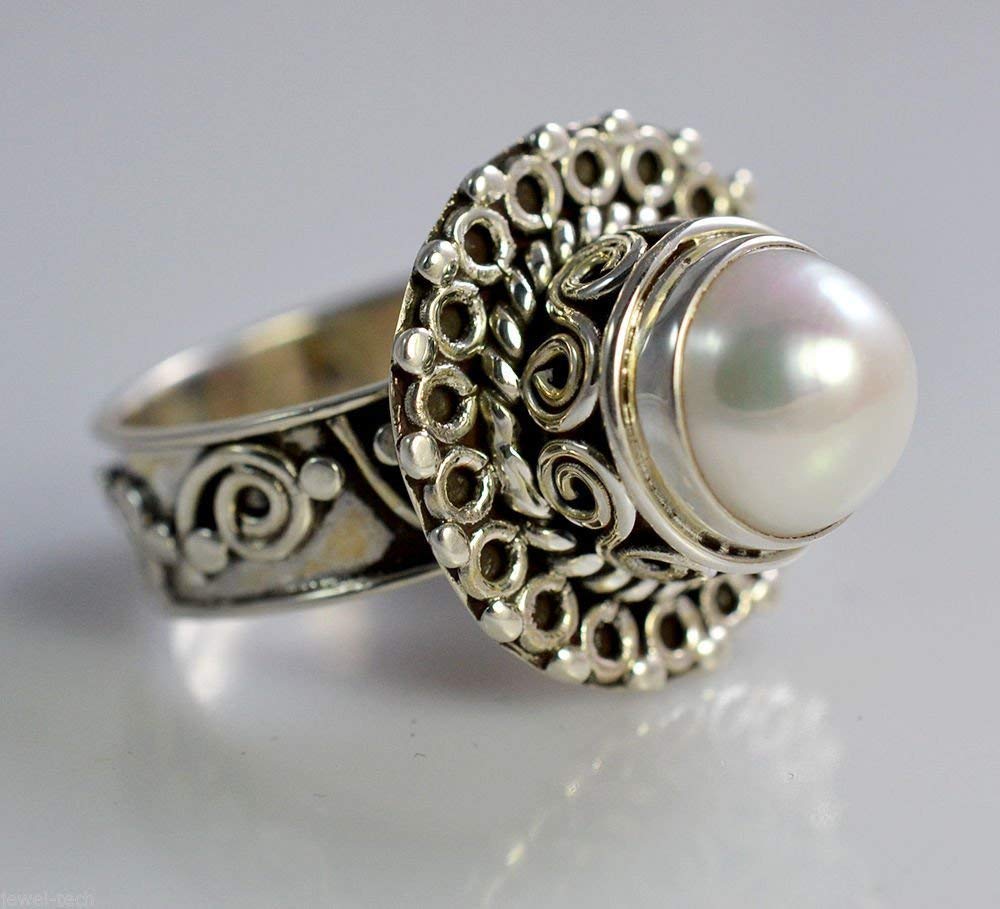 Süßwasserperlen-Stein-Silberring | 925 Sterling Silber Handgefertigter Statement-Versprechensring für Frauen | Natürlicher Edelstein Boho Schmuck | Juni-Geburtsstein | Geschenk für Sie