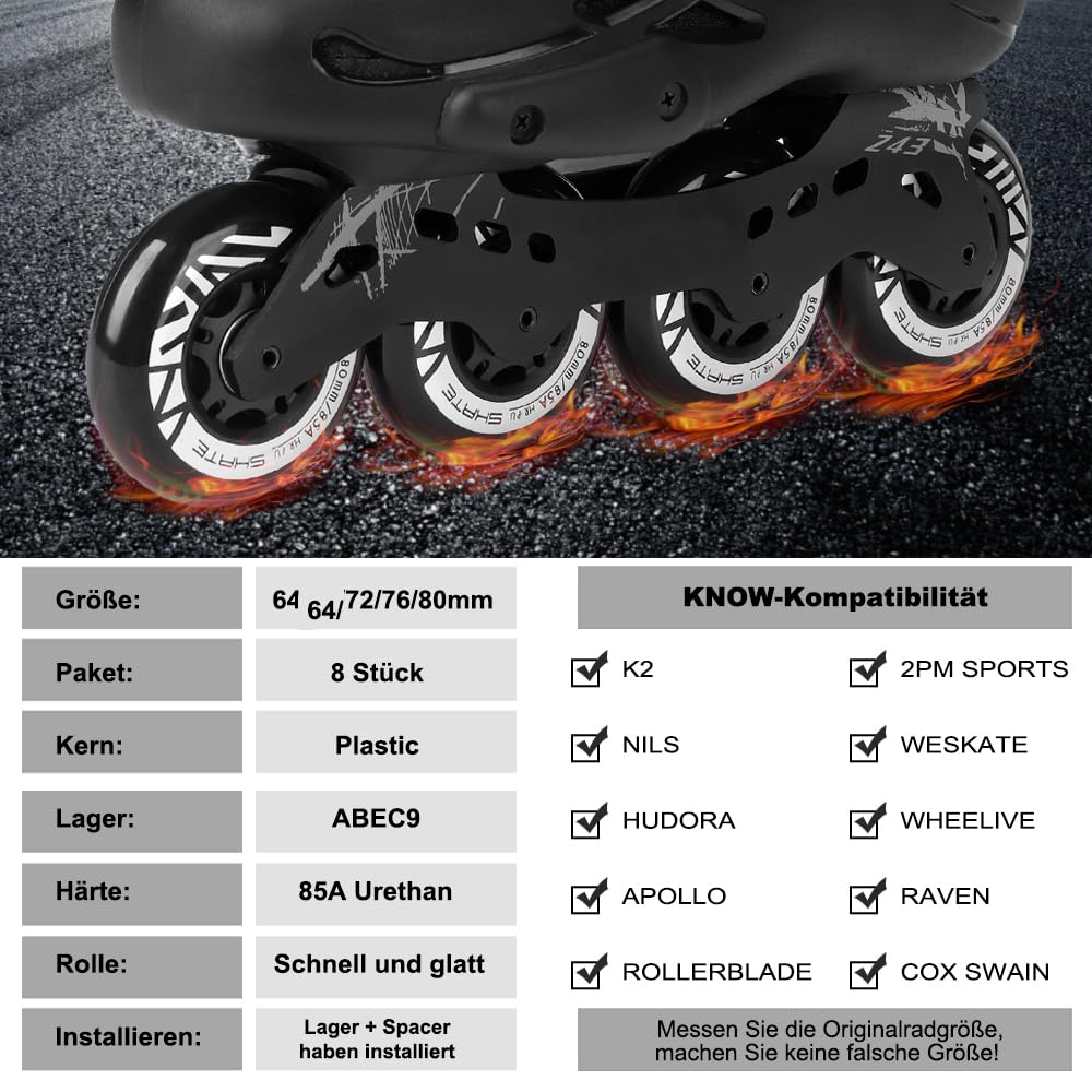 Inline Skate Rollen 80mm 76mm 72mm - 8 Stück Inline Skate Räder 85a inliner rollen mit kugellager ABEC9 | Inliner Skate Räder für K2 Hudora Gonex Apollo (B Silber, A 80MM)