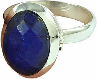 Lapis Lazuli Natural Gemstone Ring, Solid 925 Sterling Silver, Blue Stone Checker Cut Oval Shape Ring, Solitaire Ring, Wedding Ring, Promise Ring, Valentines Day Gifts For Women (lapis-lazuli)