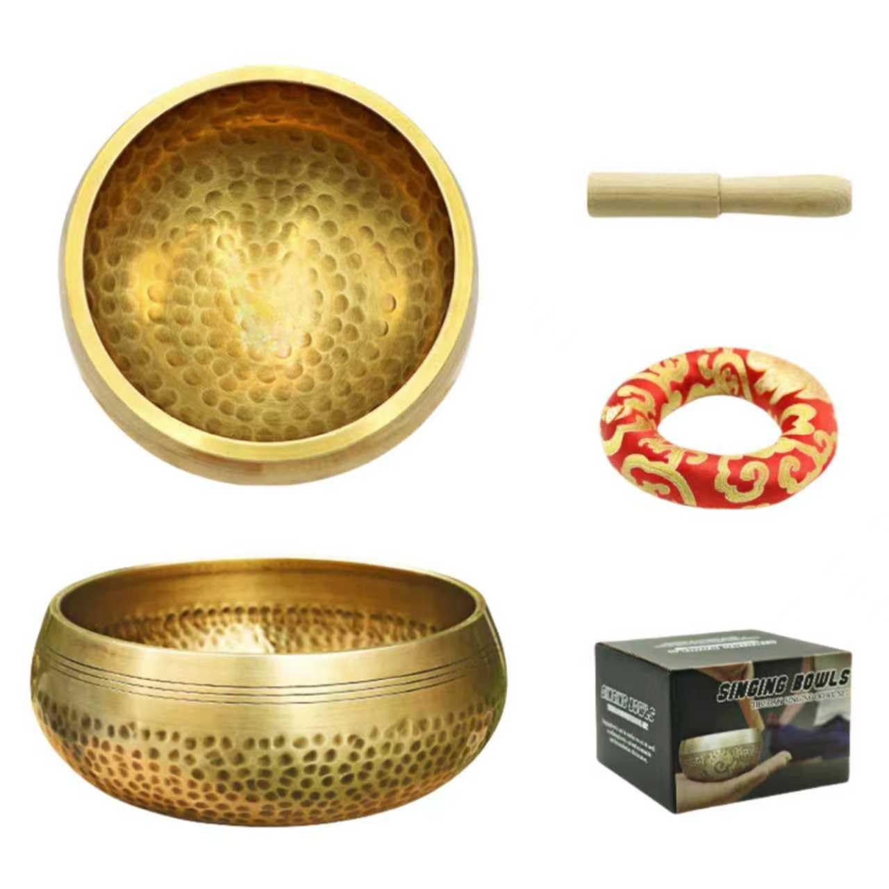 Tibetisches Klangschalen-Set Ø 8 & 12 cm mit Chilin-Muster Inkl. Holzklöppel & Schalenkissen | Handgefertigt & leicht bespielbar Perfekter Begleiter für Meditation und Klangtherapie (8CM)