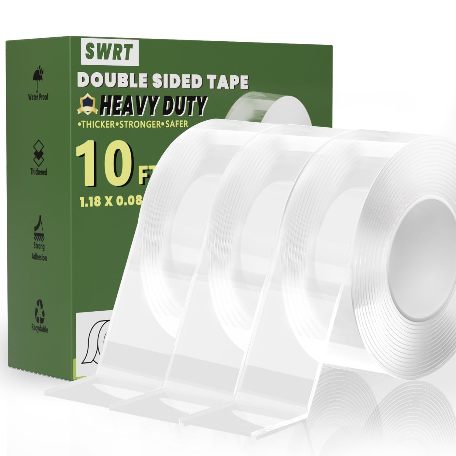 SWRT Paquete de 3 cintas resistentes de doble cara de 1.18 pulgadas x 10 pies de grosor de doble cara, cinta adhesiva fuerte, cinta de montaje reutilizable, multiusos para el hogar, oficina y