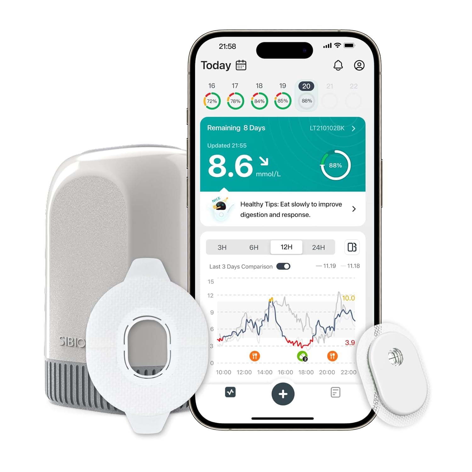 SIBIONICS GS3 Monitor Continuo de Glucosa - Sensor 14 Días con Parche | Sensor CGM con alarmas, análisis de comidas por IA y picos en tiempo real. Conexión NFC para iOS y Android.