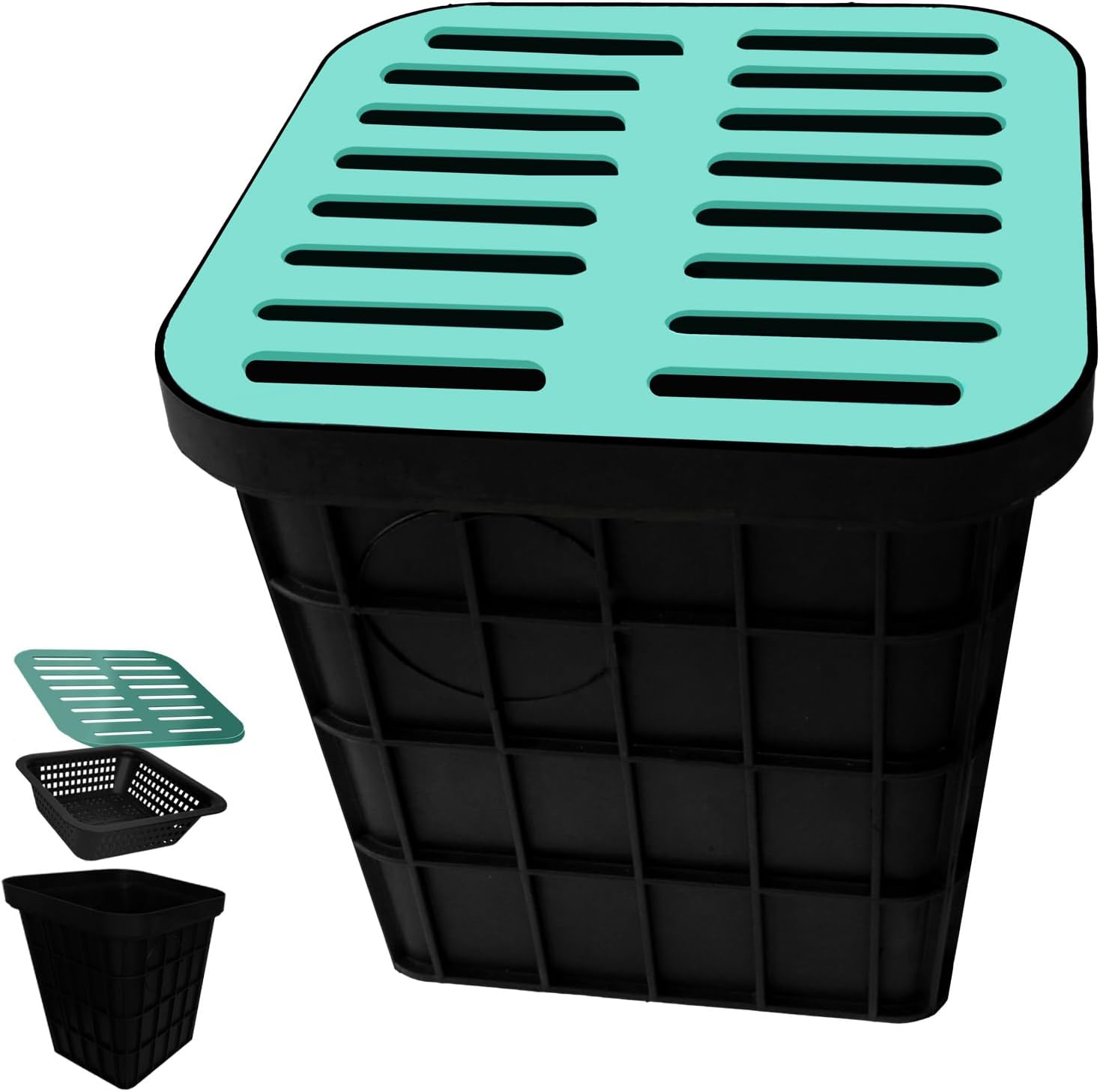 18x18x24 in Catch Basin for Drainage with Composite Resin Grate,Catch Basin with Debris Basket, French Drain Kit without Reserved Hole for Yard,Downspout,Lawn,Municipal Pipeline