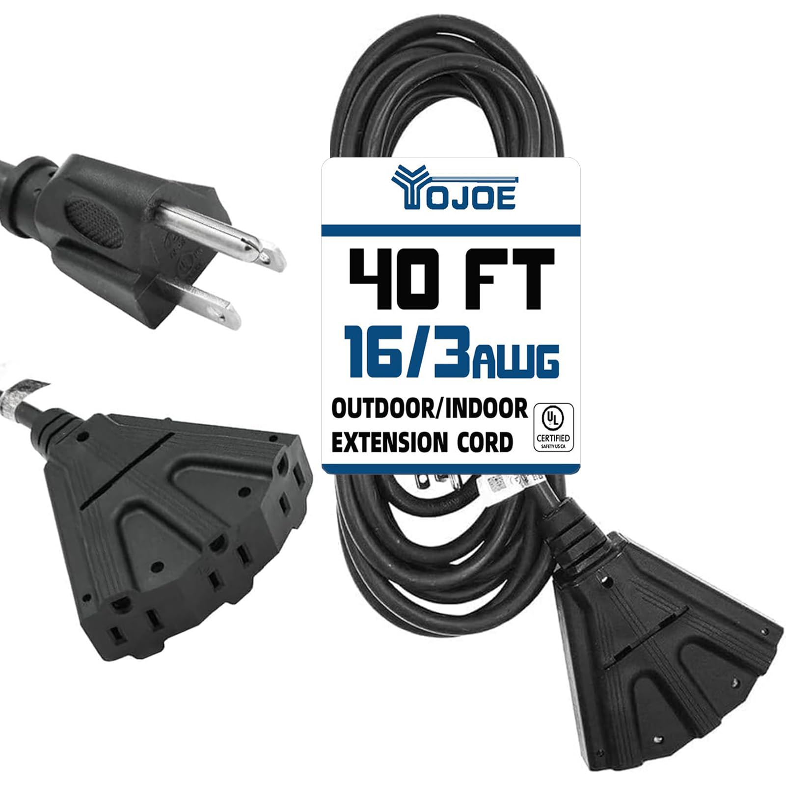 YOJOE 3-Outlets Indoor Outdoor Extension Cord, 3 Prong 13A Weatherproof Power Cord Multiple Outlets, 16 Gauge Heavy Duty 40 ft Black Extension Cord