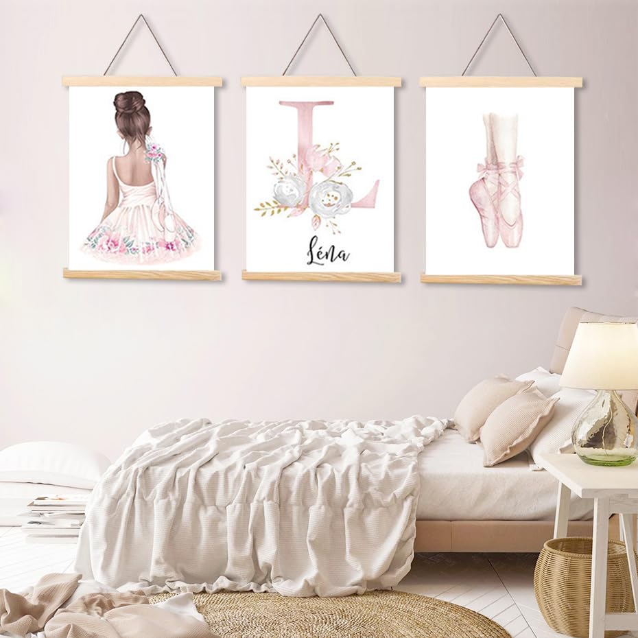 Set 3 Poster Con Nome Personalizzato Per Bambina – Tela 30x40 Cm Con Scarpe Da Ballerina E Fata