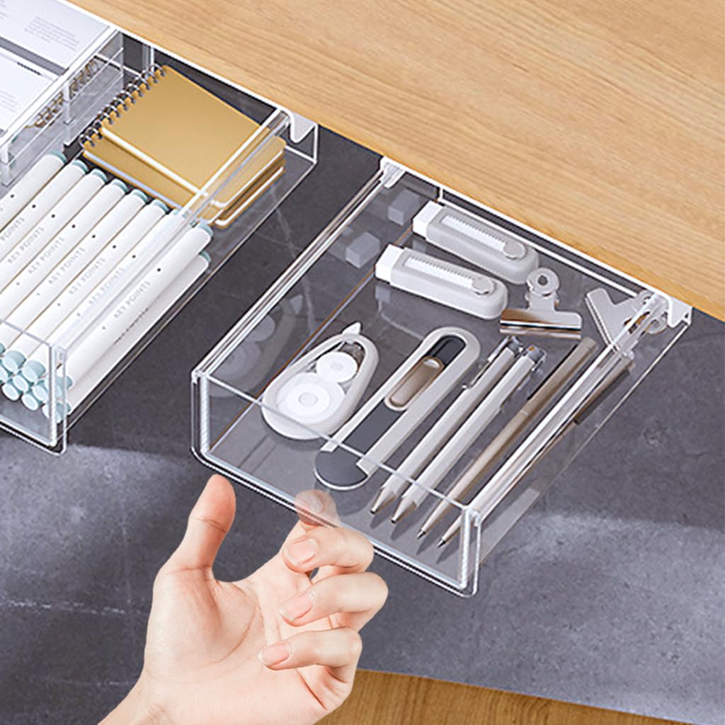 OFIFO® Pull-Out Under Desk Drawer Organizer, Hidden Sliding Storage Box with Adhesive No-Drill Install for Stationery, Makeup, Office Supplies & Tools, 8.2x6.4x2.4 Inch