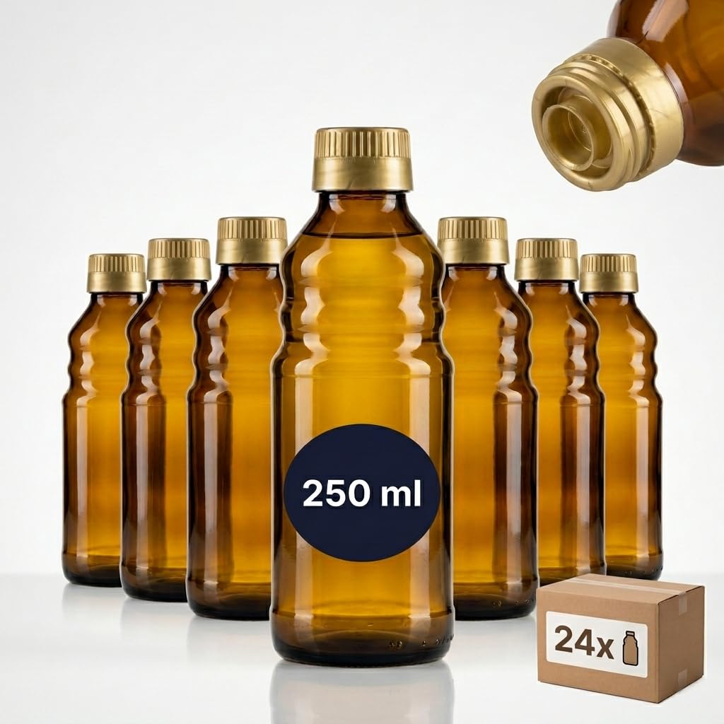 gouveo Set 24 bottiglie Rical in vetro da 250 ml con protezione antimanomissione e versatore - bottiglia vuota in vetro marrone per oli da cucina di alta qualità (RFR250G)
