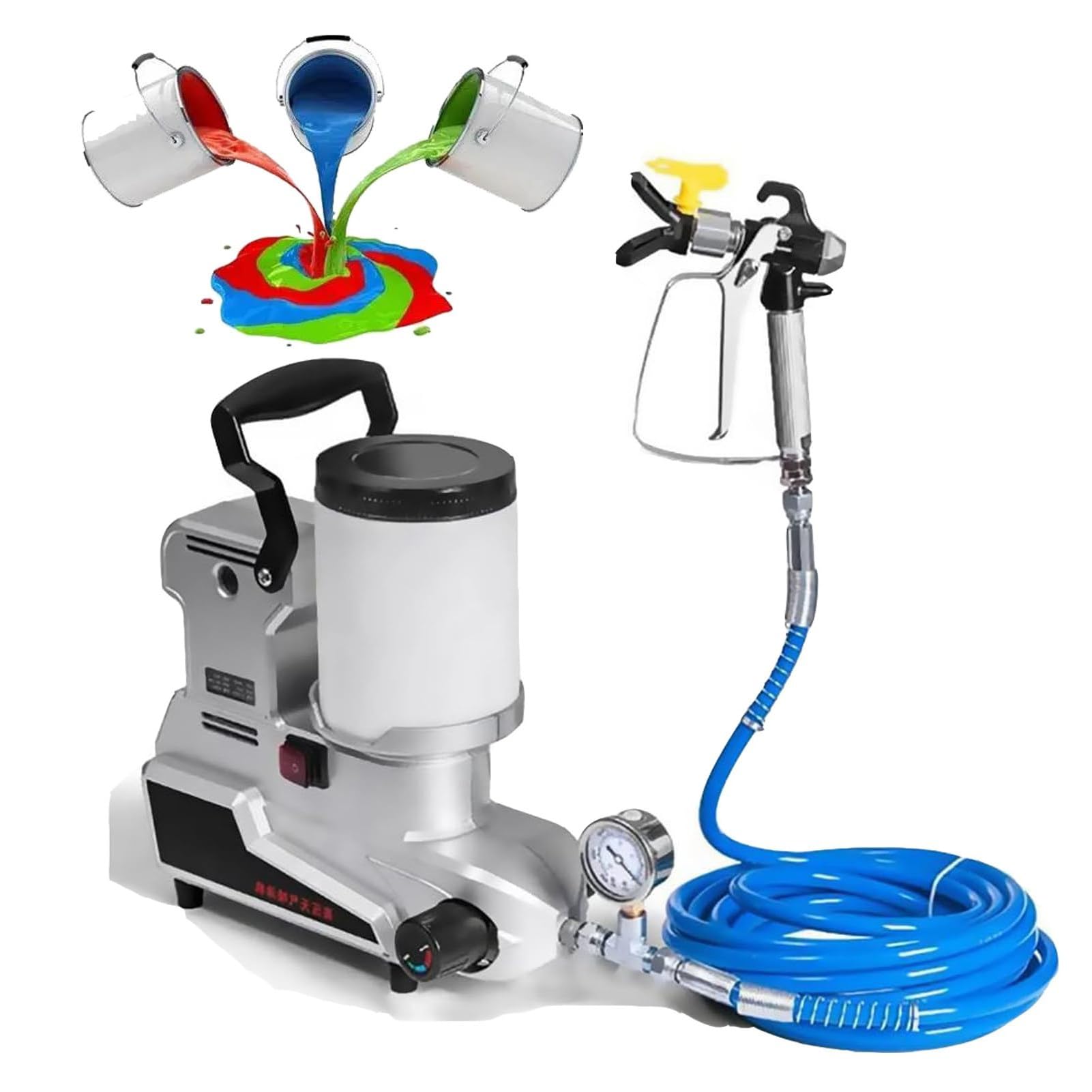 Airless agregat malarski 1600 W, wysokociśnieniowy przenośny pistolet malarski, 2,5 l/min, pojemność 2 l, 3 regulowane prędkości, wąż 5 m do aplikacji natryskowych na ścianę