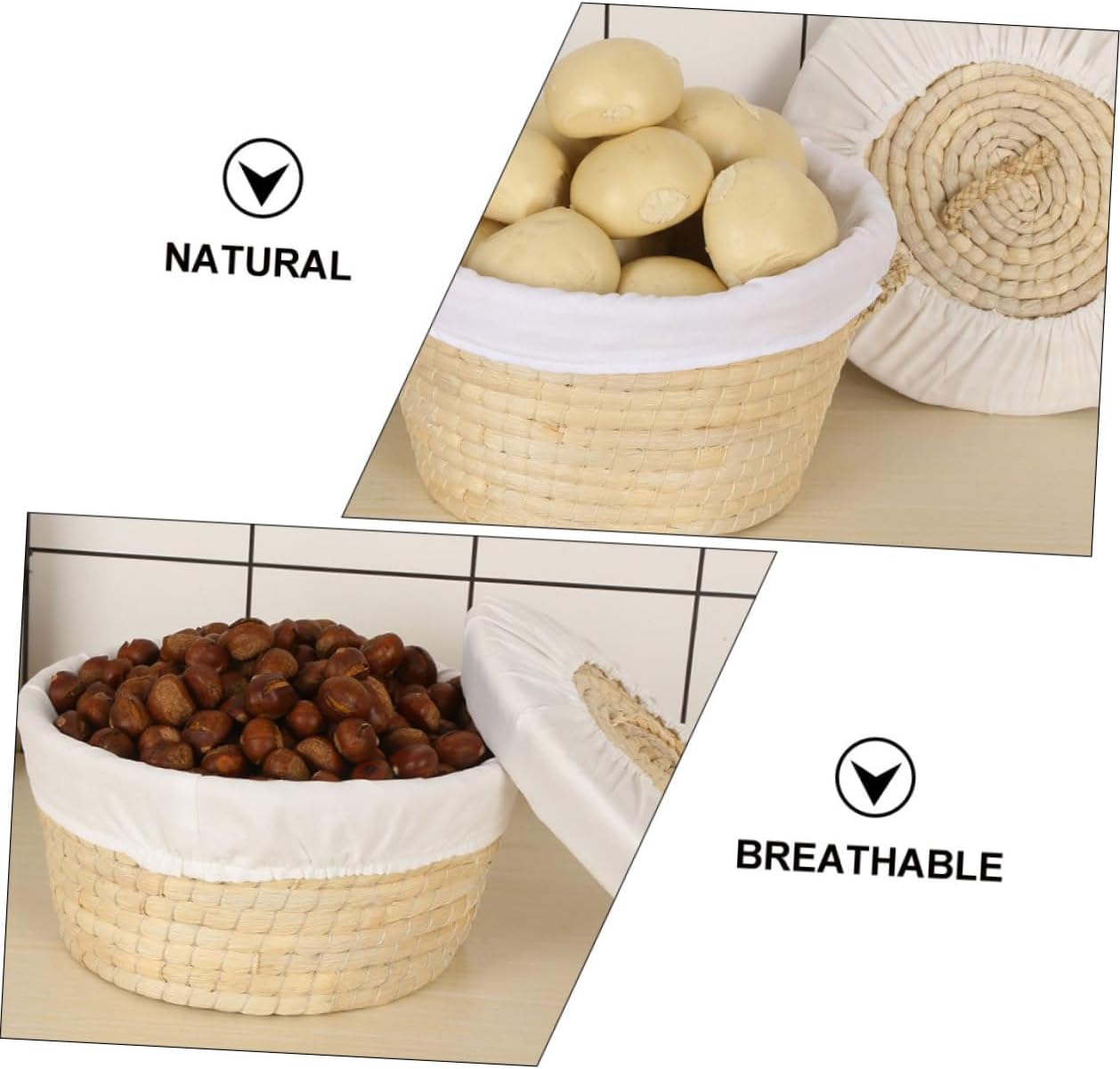 Woven Straw Bread Basket with Lid, 30cm round Steamed Bun and Egg Storage Basket, Practical Home Kitchen Food Storage Container for Bread and Snacks