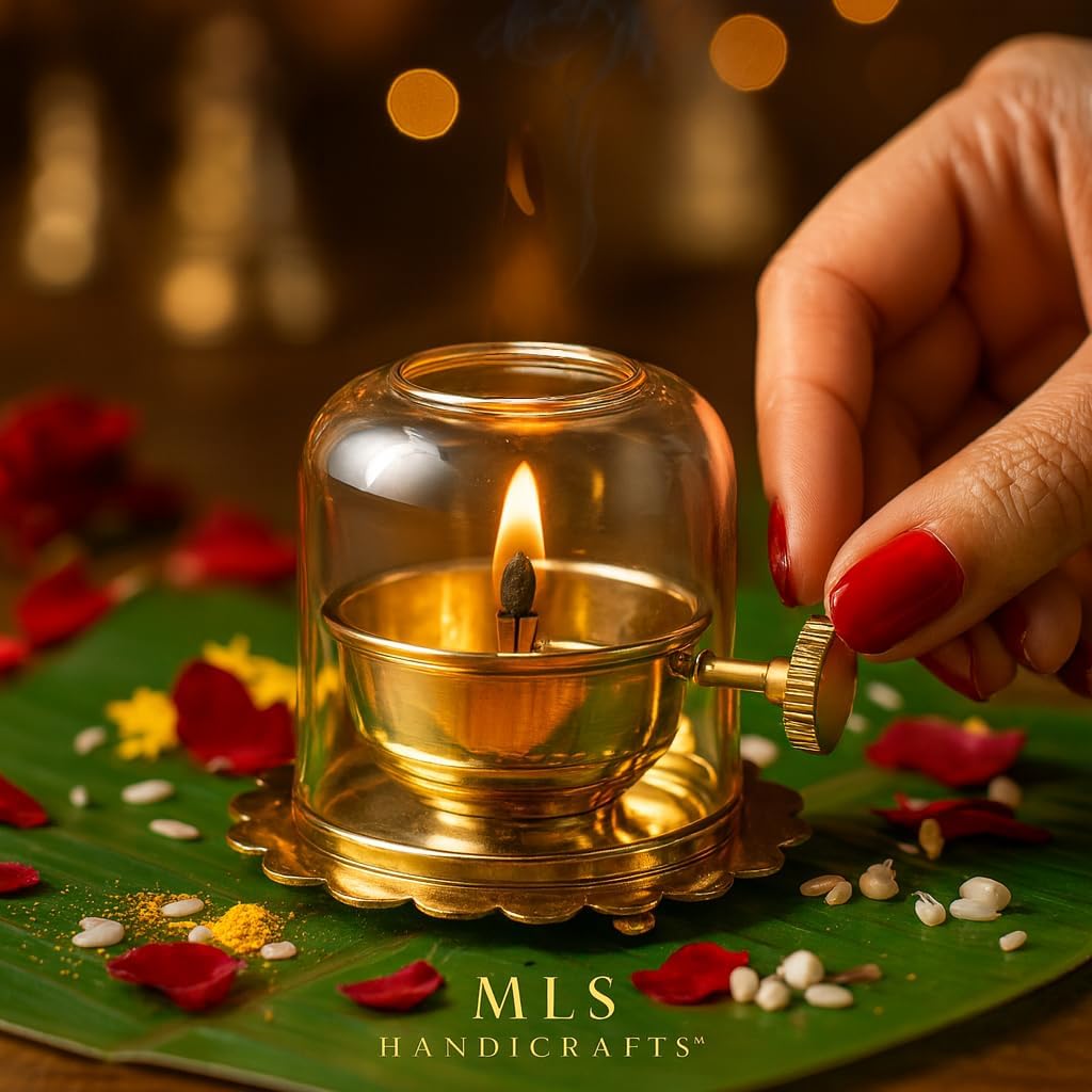 MLS Handicrafts™ Pure Brass Akhand Diya Oil Lamp (250 ML) | 24 Hours Long Burning Akhand Jyot with Adjustable Wick Screw | Borosilicate Glass Diya for Navratri, Durga Pooja, Mandir & Home Pooja