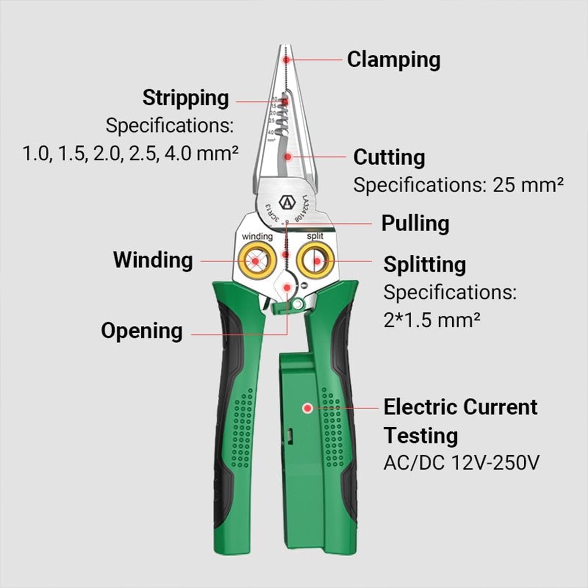 8-in-1 Multi-Functional Wire Stripper Scissors with Electrical Test, Wire Stripper and Crimping Tool, for Wire Stripping, Winding, Opening, Clamping, Cutting, Splitting (with Electrical Test)