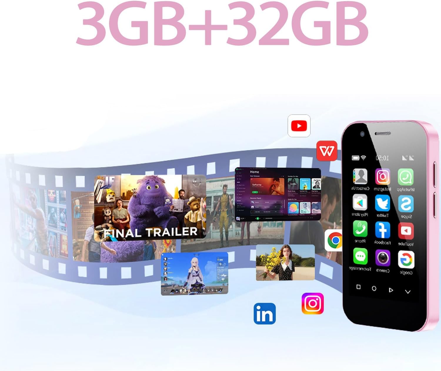 Mini Phone 4G Unlocked Smartphone 3.0" HD Android Face ID Dual Sim Quad Core 2600mAh Kids Mini Premium Child Small Compact Mobile Student Pocket Cellphone, 3+32GB (Girl Pink)