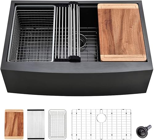 Fregadero de cocina negro 33 x 22 pulgadas, de acero inoxidable negro, estación de trabajo frontal, calibre 16, R10, fregadero profundo de cocina