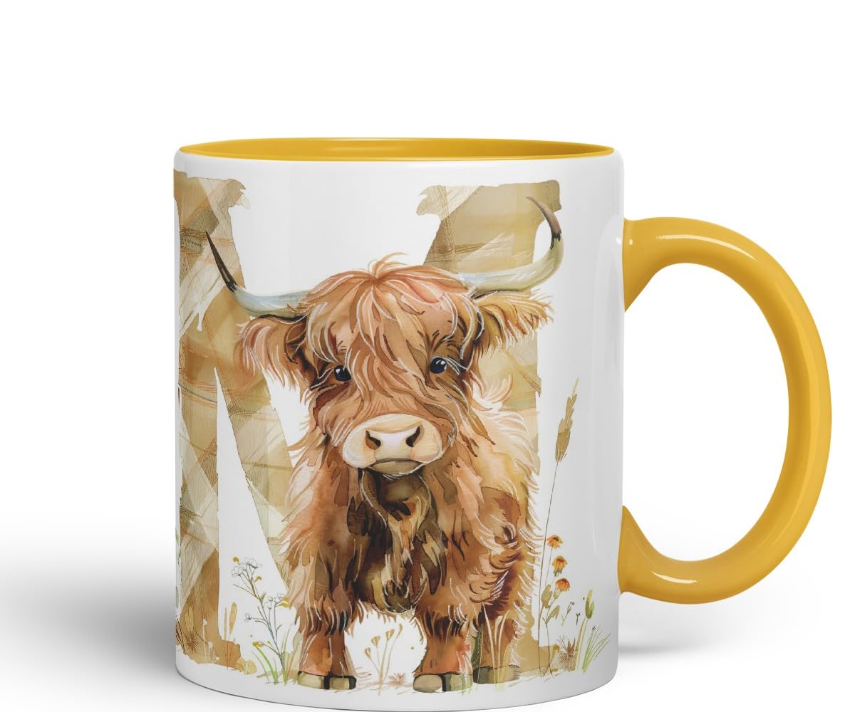 Vixar Highland Cow Alphabet Monogram Coloured Ceramic Cup Mug – Letter M – Rustic Farmhouse Animal Letter Gift – 11oz (Gold Yellow)