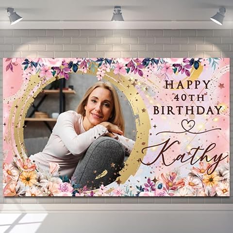Happy Birthday Backdrop Background Banner Personalised flower pink girl woman children kids Poster Fabric Cloth Curtain Party balloon star Decorations-18th 20th 30th 40th 50th 60th Cover