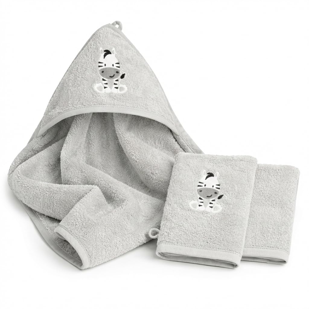 Babykajo Baby Kapuzenhandtuch im Set mit 2 Waschlappen Oeko-Tex Standart 100 Zertifiziert. Baby Badetuch aus weichem Frottee. Erstausstattung Babyhandtuch mit Kapuze 80 x 80 cm