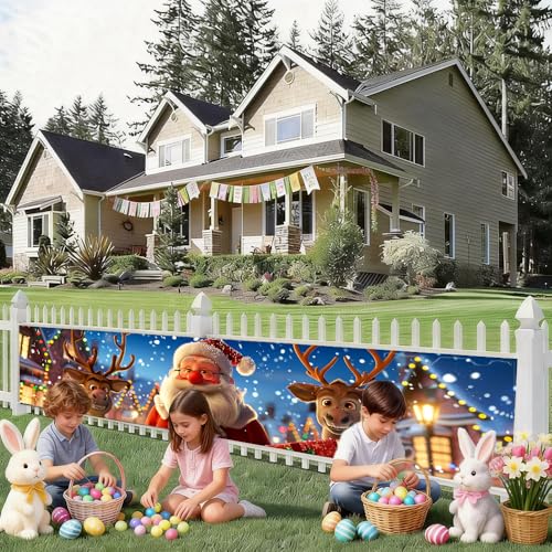 Image of Santa and Reindeer Outdoor Banner 78.7 x 17.7 Inch Jolly Santa with Gifts and Reindeer Festive Winter Scene Holiday Decoration for Yard Garden Porch Fence or Patio Display