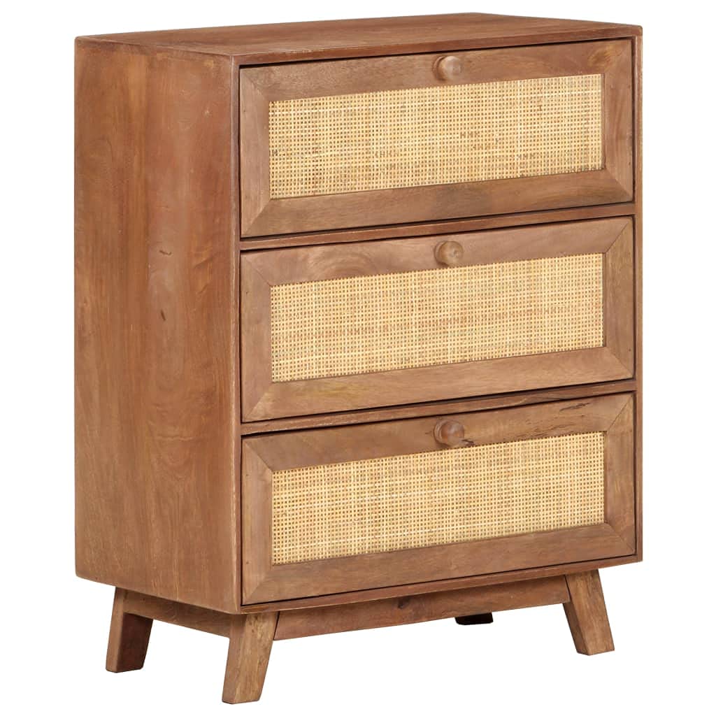 Aparador 61 x 35 x 76 cm, madera maciza de mango, armario rústico de madera con 3 cajones, mimbre natural, muebles de almacenamiento robustos para salón y cocina