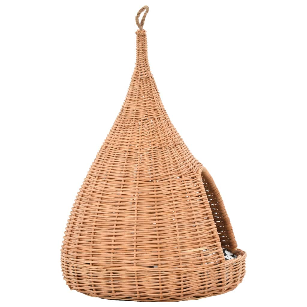 Katzenhaus aus Naturweide, Katzenhöhle Tipi-Design 40x60 cm, handgemachter Katzenkorb zum Aufhängen mit Kissen, Kuschelhöhle für Kätzchen und kleine Katzen