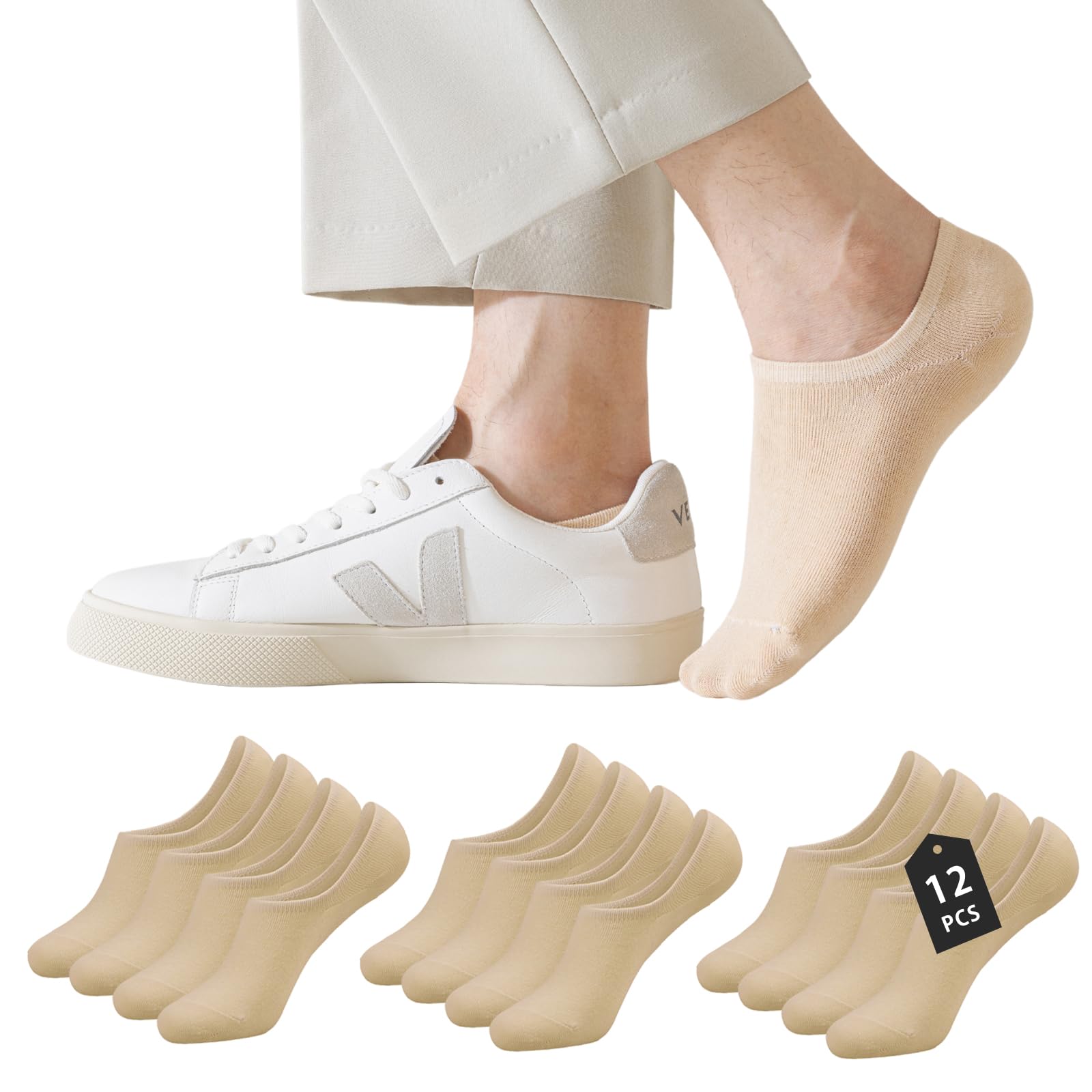 Caudblor 12 Pares Calcetines Invisibles de hombre Mujer antideslizantes Algodón Cortos CalcetinesTobilleros 36-39/39-42