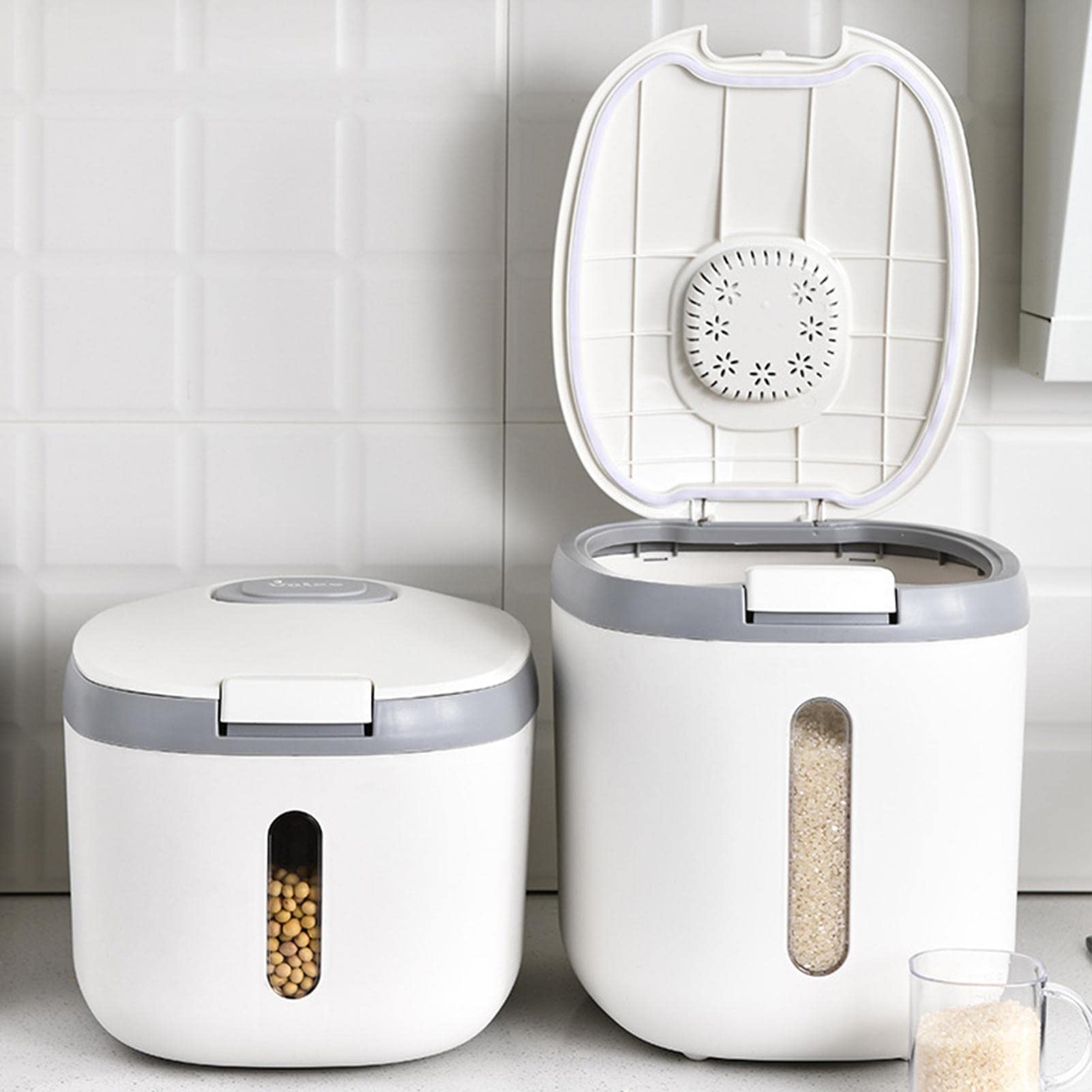 Dispenser automatico di riso, dispenser per riso e cereali, salvaspazio, a prova di umidità, con misurino, elegante dispenser per cereali da cucina