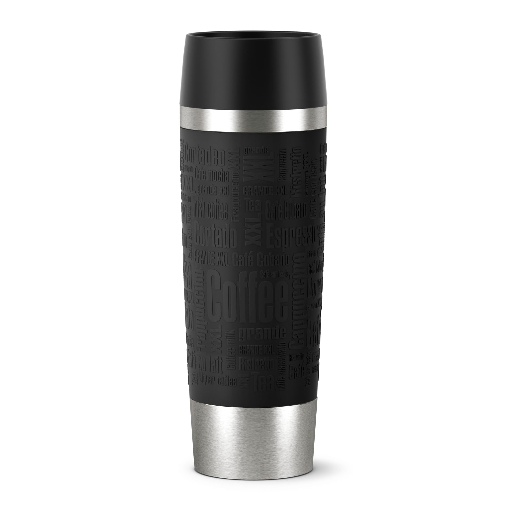 EMSA Travel Mug, Grande Thermobecher, 0,50 L Fassungsvermögen, Doppelwandige Vakuumisolierung, 6 Stunden Heiß, 12 Stunden Kalt, 360° Trinken, Soft-Touch Silikonhülle, Edelstahl, Black, 515615