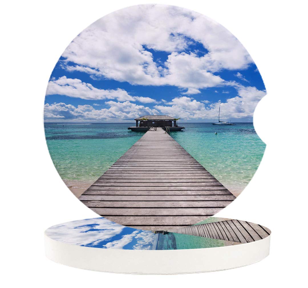 Absorbent Coaster Set for Auto Natural Scenery the Sea Blue Sky Clouds and Vintage Buildings Ceramic Car Cup Holder Coasters with Fingertip Notch for Easy Removal Set of 2