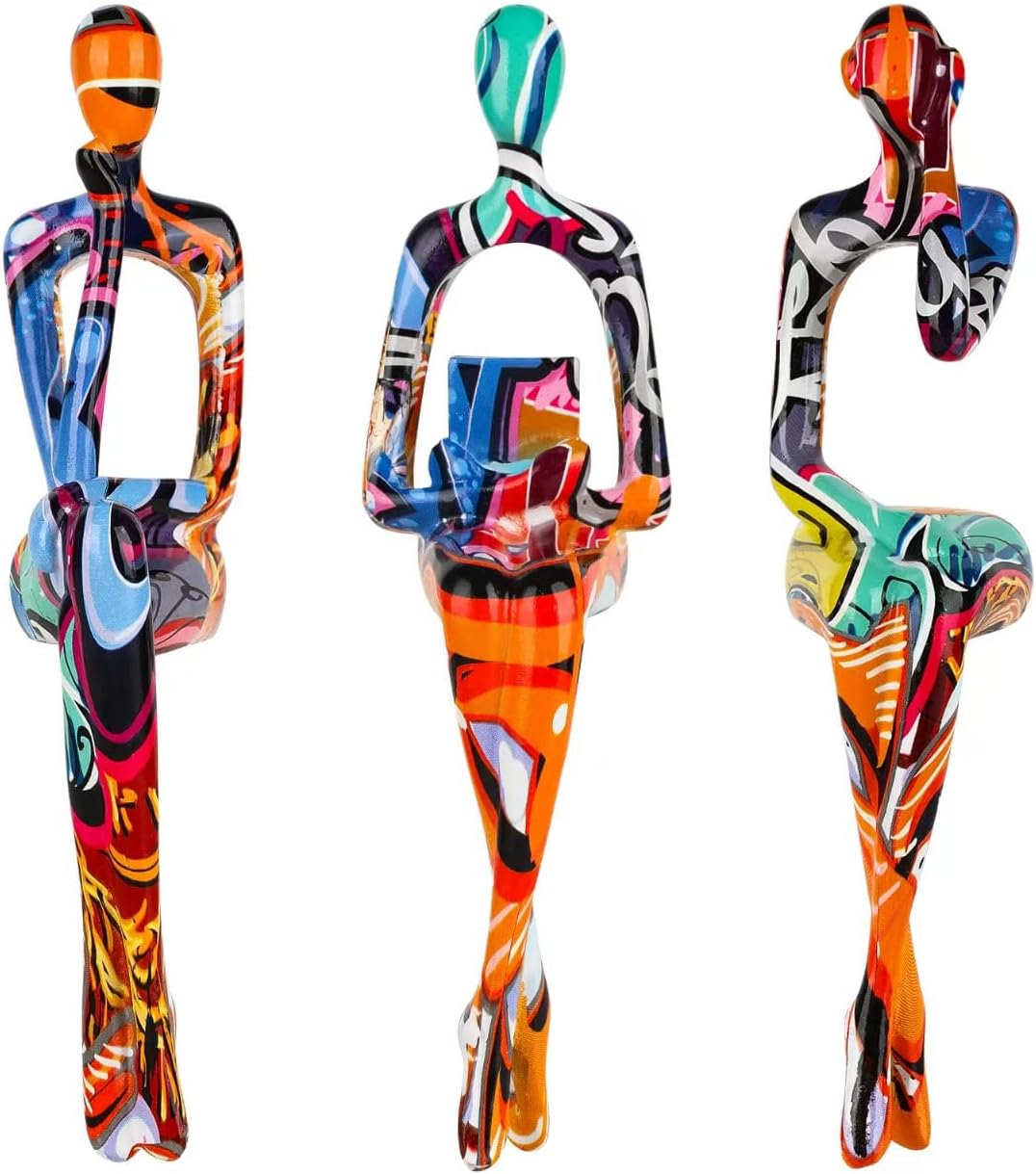 3-Piece Graffiti Abstract Women Thinker Sculptures, Colorful Resin Modern Art Figurines for Home Living Room Office Shelf Table Desk Bookshelf Decor