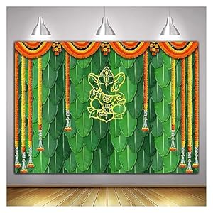 Indian Carnival Photography Backdrop Banana Leaf Green Chatiya Ganesh Background Mehndi Diwali Festival Marigold Puja Ganpati Wedding Photo Tapestry Booth Props Supplies 7x5ft