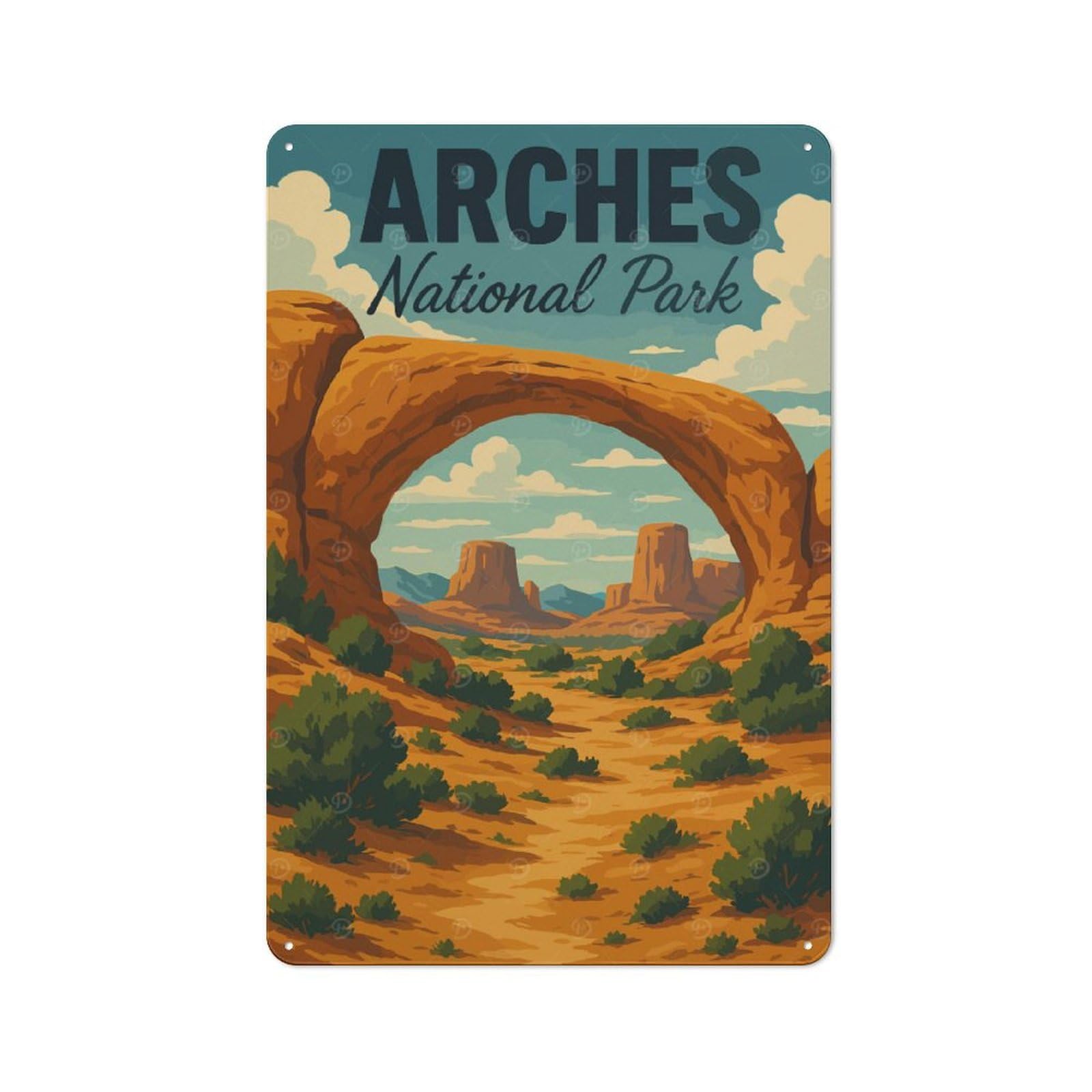 Junmoney Style-4 Loft Style Metal Wall Art Sign 30X20cm Featuring Arches National Park Landscape Illustration, Urban Room Decor For Loft, Studio, Office Or Creative Room