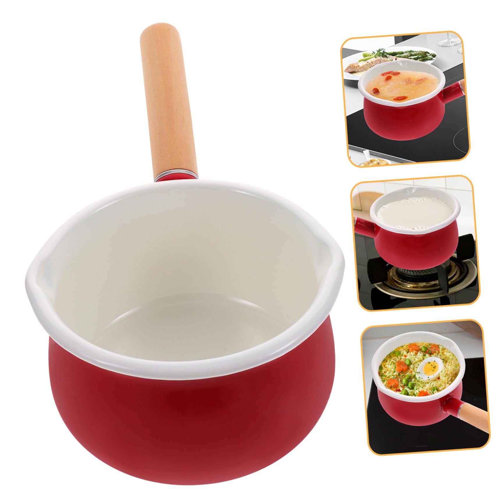 Pentola Smaltata per Latte Manico in Legno, Facile da Pulire, Superficie Liscia, per Cucina e Salse, Pentolino Piccolo Resistente al Calore