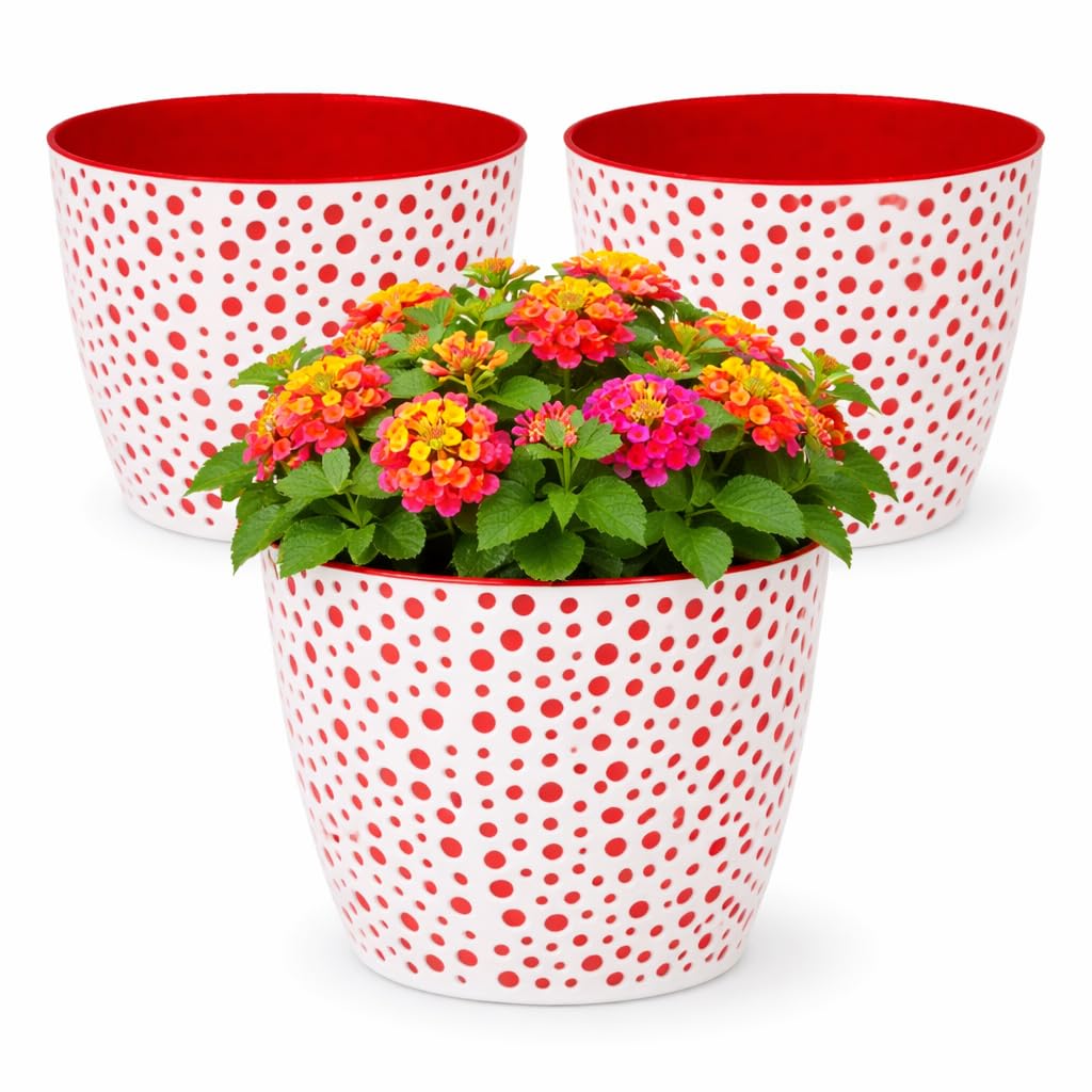 Home Garden Ornaments White+Red Plant Pots Indoor, Indoor Plant Pot - Vero Decorative Flower Pots With Basket And Insert, Set Of 3 (Diameter: 21Cm, Colour: White And Red)