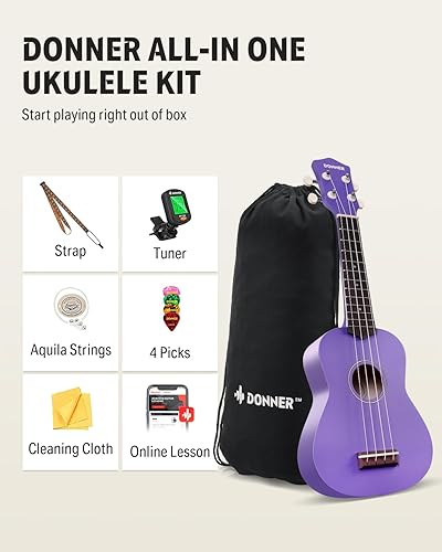 Miniatura 94 de Donner Ukelele soprano para principiantes, ukelele mate de 21 pulgadas, kit para principiantes con correa para bolsa, afinador, cuerdas, púas