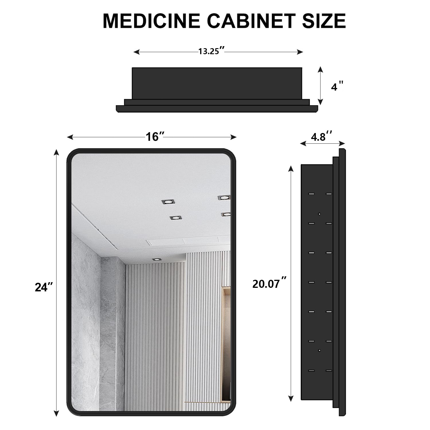 Schwarzer Badezimmer-Medizinschrank Mit Spiegel – 43,2 X 68,2 Cm, Metallrahmen, Verstellbare Regale, Zum Einbau Oder Wandmontage