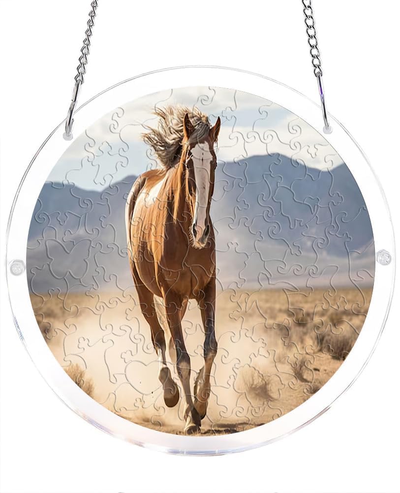 Running Horse in Desert Landscape- Acrylic Jigsaw Puzzles Suncatcher, 8.9 Inch Window Hanging Suncatcher Acrylic Puzzle, DIY Home Decor Art Gift