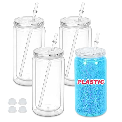 Maucircol 16 Oz Plastic Snowglobe Tumbler, 4 Pack Pre-Drilled Double Wall Plastic Clear Cup for Glitter Snow Globe Diy, Double Wall Snowglobe Cup with Clear Lid - Clear - 4